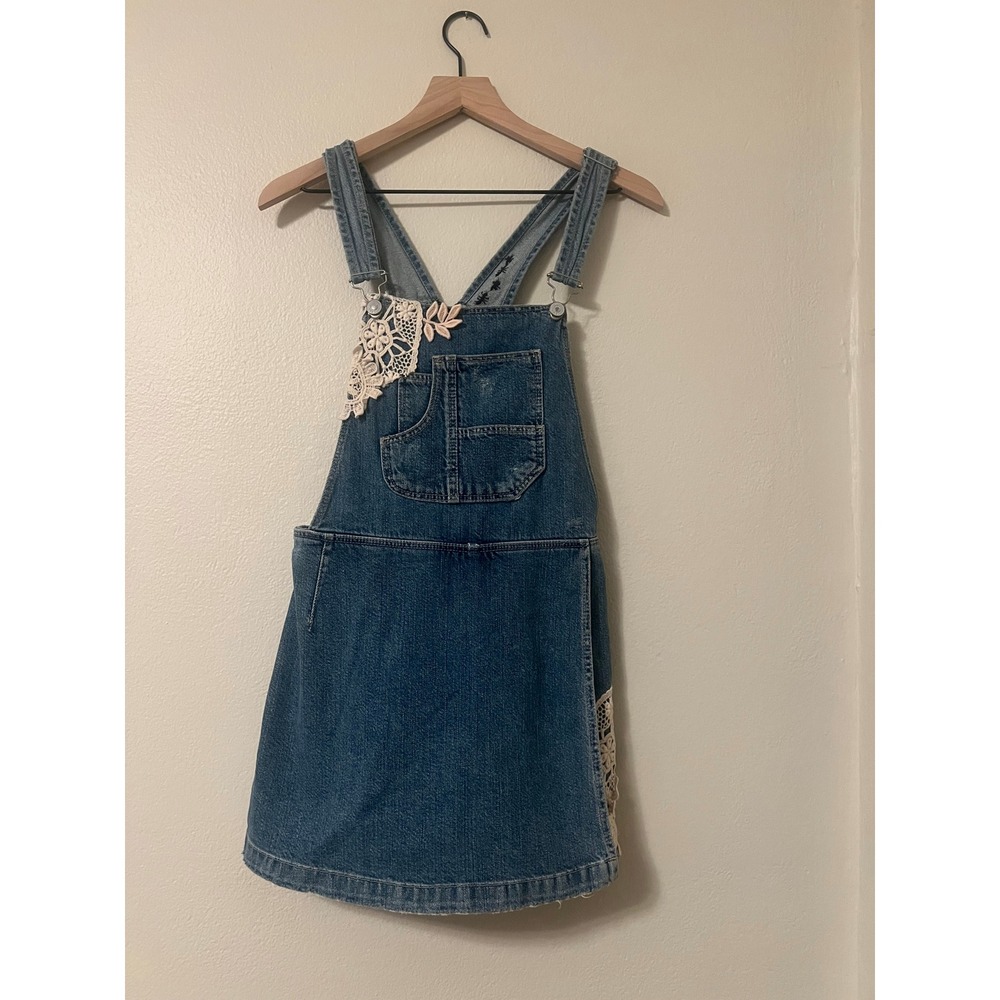 Zara Trafaluc Denim Overall Dress Blue Lace Applique Pinafore Womens Size Medium
